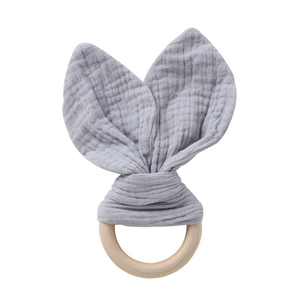 Baby comfort towel with gray cotton gauze bunny ears and natural wooden ring