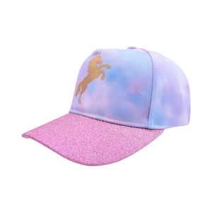 Detailed shot of kids unicorn baseball cap with tie-dye patterns and pink sequin brim