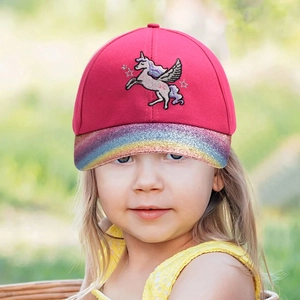 Detail of pink kids baseball cap with embroidered unicorn and rainbow sequin brim