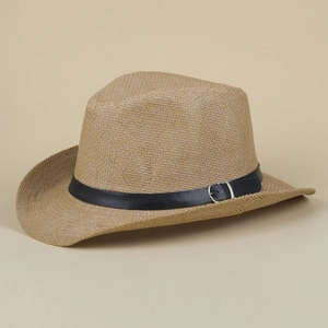 Detailed side view of a breathable straw jazz hat featuring a black leather band