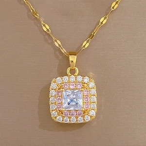 Luxurious gold stainless steel necklace with square pink and white zircon pendant