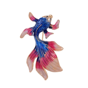 Detailed close-up of a goldfish brooch with blue and pink gradient enamel scales