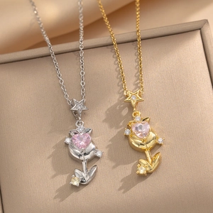 Elegant rose gold and silver tulip heart necklaces with pink zircon and dainty crystals