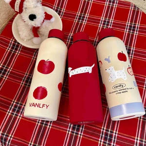 Detailed close-up of insulated stainless steel bottles with apple and dog illustrations
