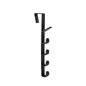 Black over-the-door hanger with 5 vertical hooks for space-saving coat and hat storage