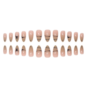 Halloween nude almond nails with black spider and stripe patterns, 24 pieces set