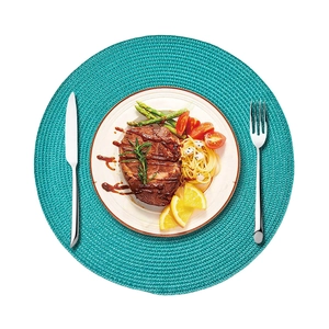 Teal green woven round placemat 38cm for dining table with steak and cutlery set
