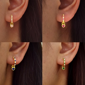 Elegant heart-shaped S925 sterling silver earrings with colorful zircon gemstones