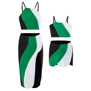 Matching mother daughter 3-piece swimwear with bold color-block bikini and side slit skirts
