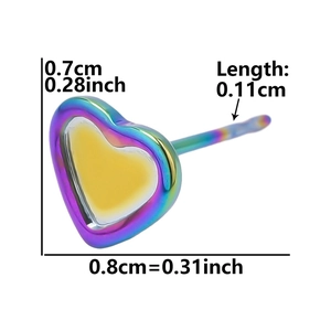 Macro shot showing dimensions of rainbow heart stud earring in colorful titanium steel