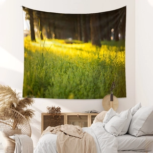 Bohemian forest tapestry hanging in minimalist bedroom for wall decoration