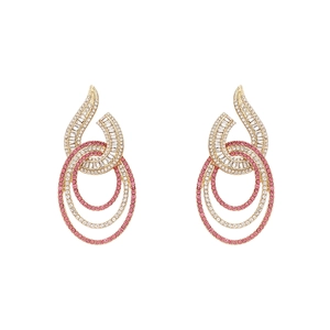 Elegant gold earrings with pink and clear rhinestones in a geometric hollow teardrop design