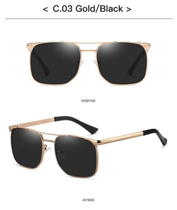 Close-up of square metal sunglasses in gold and black showing front and side views