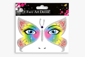 Close-up of rainbow butterfly face sticker with glitter edges and eye motif