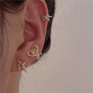 Star and heart-shaped clip-on earrings with colorful zircon stones in golden finish