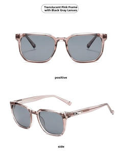 Detail view of transparent pink square sunglasses with gray lenses and silver metal hinge