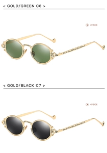 Detail view of steampunk oval sunglasses with intricate baroque engraved golden frames