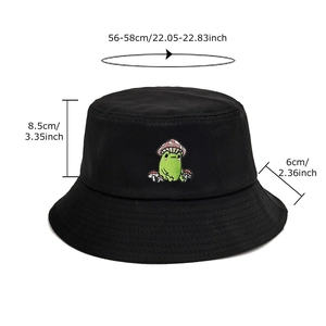 Black bucket hat with frog and mushroom embroidery, including size specifications