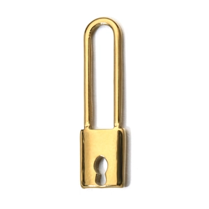 Detailed view of a gold stainless steel padlock pendant with a long shackle and keyhole
