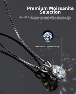 Macro view of 3-prong D-color Moissanite pendant with sterling silver box chain