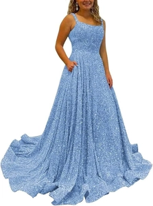 Close-up of light blue sequin prom dress featuring a square neck and functional side pockets