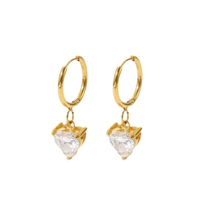 Elegant gold heart pendant earrings featuring sparkling clear cubic zirconia accents