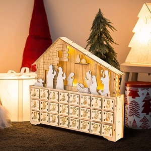 Wooden Christmas advent calendar with 24 drawers and LED nativity scene silhouette