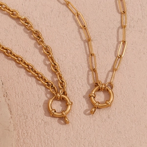 Detailed macro view of 18K gold plated stainless steel O-chain and paperclip link textures