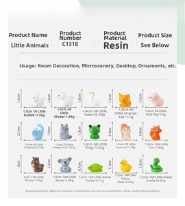 Size chart for 15 types of miniature resin animals including rabbit, frog, and duck figurines
