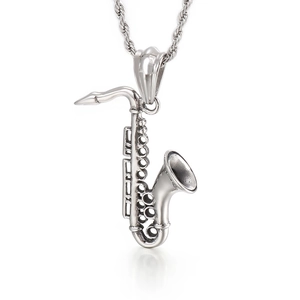 Polished silver saxophone pendant necklace made of durable titanium steel for men