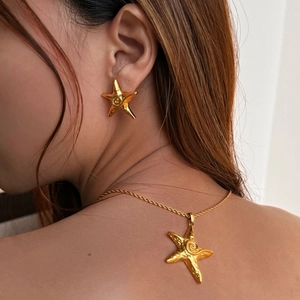 Starfish Necklace Earrings Adjustable Ring 18K Gold Plated Stainless Steel Spiral Texture Beach Summer Ocean Vintage
