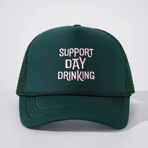 Dark green trucker hat with Support Day Drinking embroidery and breathable mesh back