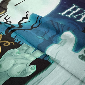 Macro shot of Halloween tapestry showing soft fleece texture and zombie moon print