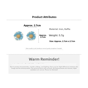 Detailed view showing blue raffia daisy earrings specifications and silver needle size