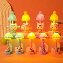 Detailed group view of colorful Sanrio character night lights with warm glowing mushroom caps