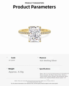 Detailed spec sheet for S925 sterling silver ring with 4ct radiant cut zircon stone
