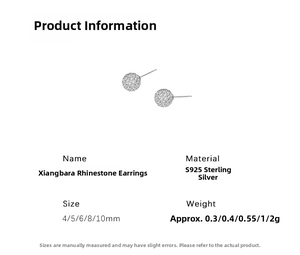 Size comparison chart for S925 sterling silver Shamballa crystal stud earrings