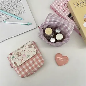 Quilted cotton mini organizer pouch with plaid pattern and cute embroidery for travel