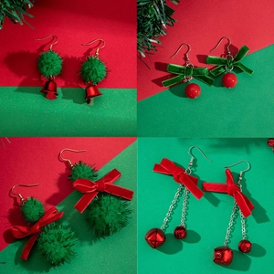 Christmas Drop Earrings With Alloy Velvet Bow And Plush Ball Red Green Bell Dangle Holiday Party Festive Cute Style For Women