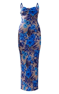 Detail of slim-fit pleated dress with blue tropical floral and palm leaf prints