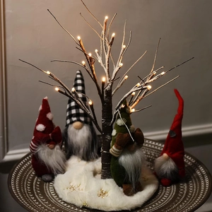 Lighted birch tree Christmas decor with mini gnomes and plush faux fur base cover