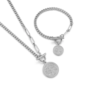 Parure collier et bracelet avec pendentif arbre de vie argenté et fermoir à bascule