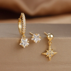 Golden star earring set with tassel and micro-inlaid zircon in minimalist style