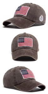 Detail of USA flag embroidery and vintage side patch on washed cotton baseball cap