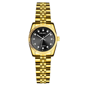 Detailed front view of gold steel watch with black dial and diamond-set markers