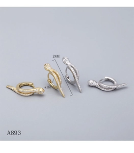 Detailed view of silver and gold snake earrings with dimensions 24mm length and 8.5mm inner diameter