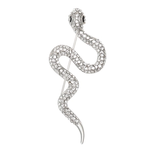 Silver snake brooch with sparkling crystals and black stone eyes on white background