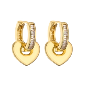 Minimalist gold-plated heart earrings with clear cubic zirconia inlay on white background