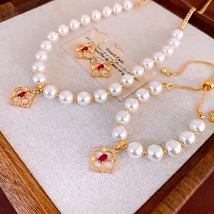 Flower Drop Earrings Gold Plated Copper Red Cubic Zirconia White Mother Of Artificial Pearl Retro Vintage Floral Jewelry For Women