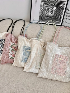 Vintage French Style Lace Velvet Tote Bag Embroidery Floral Butterfly Sequin Denim Large Capacity Shoulder Handbag Women Fashion